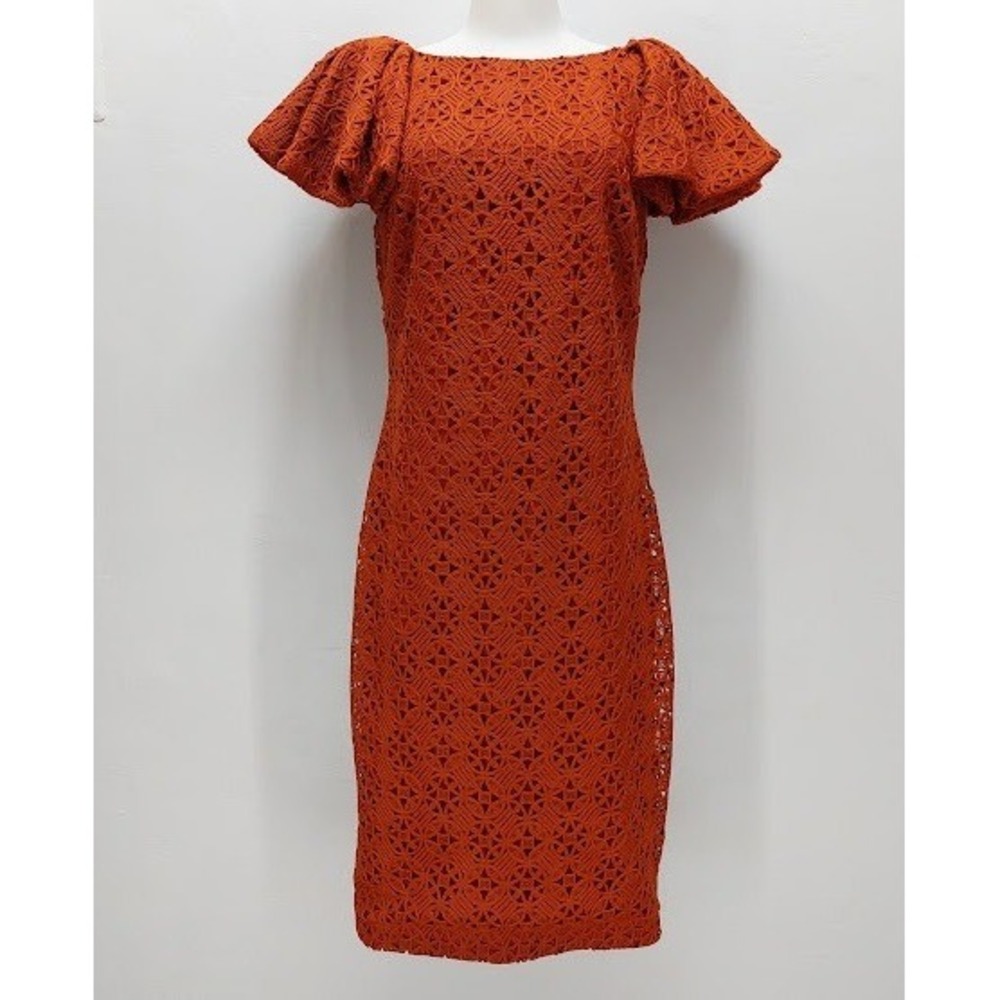 Badgley Mischka Lace Dress Women's 10 Burnt Orange Crochet Flutter Sleeve Sheath